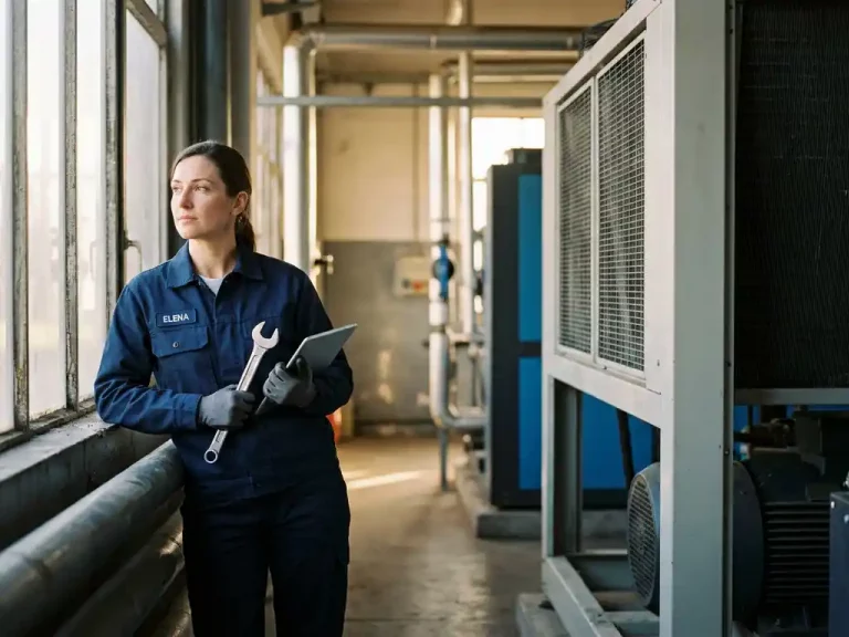 Servicetechnikerin mit Schraubenschlüssel neben Industrie-Klimaanlage, nachdenklich in die Ferne blickend, moderner Fabrikhintergrund.