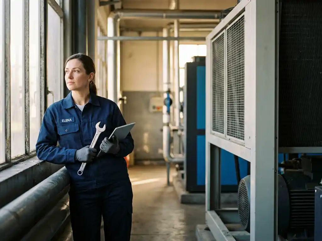 Servicetechnikerin mit Schraubenschlüssel neben Industrie-Klimaanlage, nachdenklich in die Ferne blickend, moderner Fabrikhintergrund.
