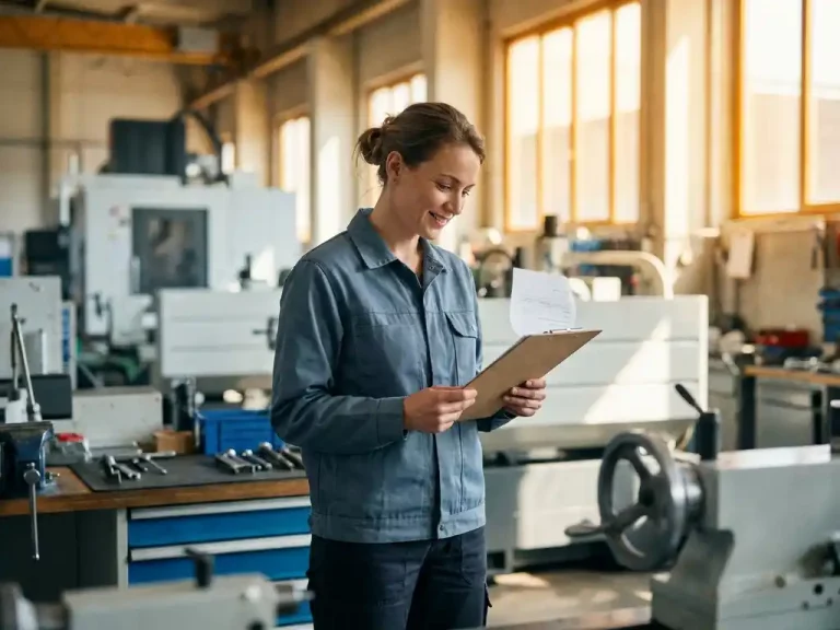 Servicetechnikerin prüft Jobprofil auf Klemmbrett in heller Industriewerkstatt mit Metallausrüstung im Hintergrund.