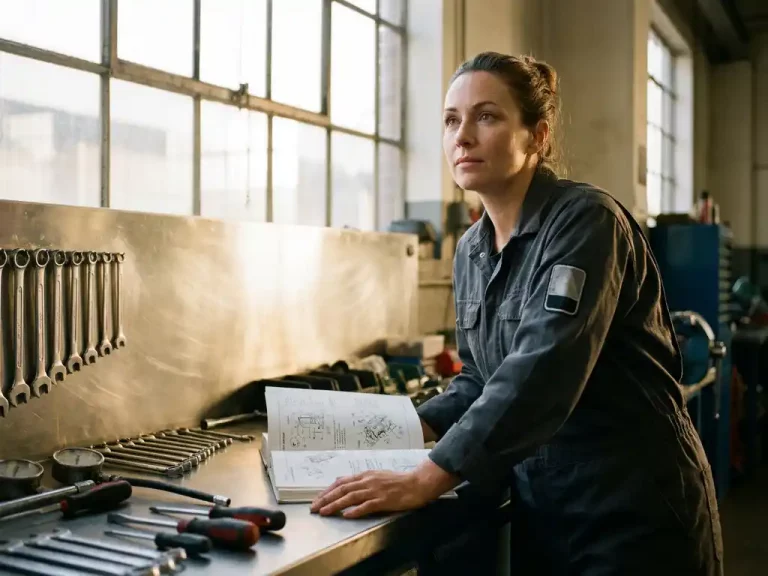 Servicetechnikerin in Arbeitsuniform blättert nachdenklich in technischem Handbuch an aufgeräumtem Stahlwerkzeugbench in heller Industriewerkstatt.