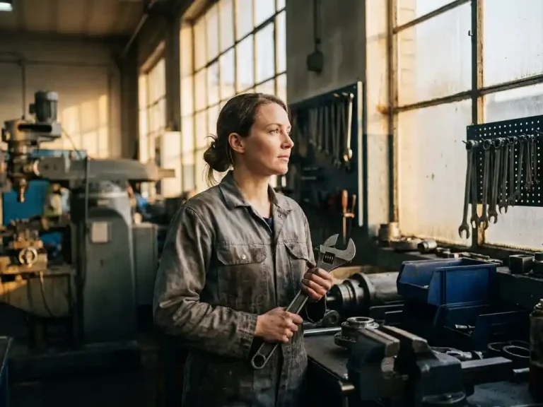 Servicetechnikerin hält Schraubenschlüssel und blickt nachdenklich in einer hellen Industriewerkstatt mit goldenem Nachmittagslicht.