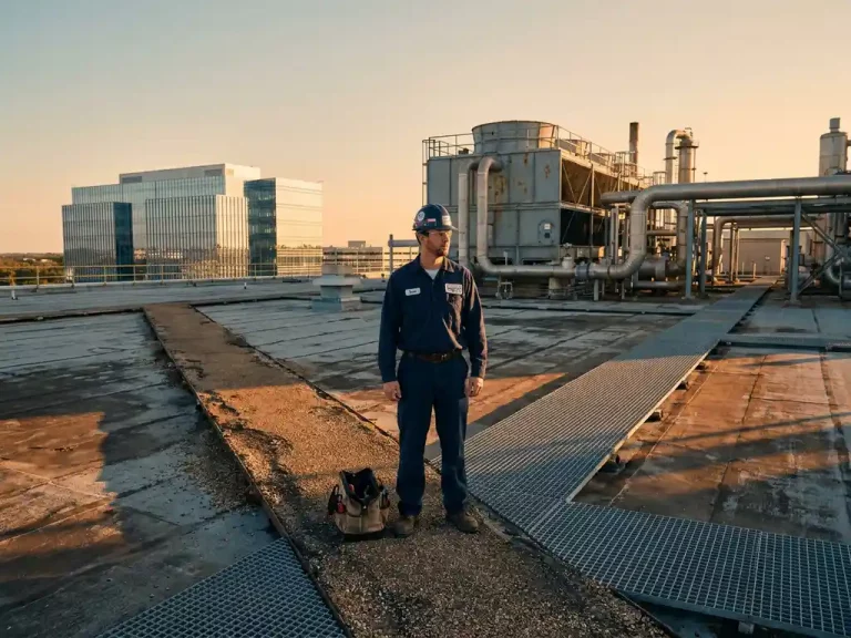 Servicetechniker in Uniform steht auf einem Industriedach an einer Wegkreuzung, Werkzeugtasche zu seinen Füßen, goldenes Abendlicht.