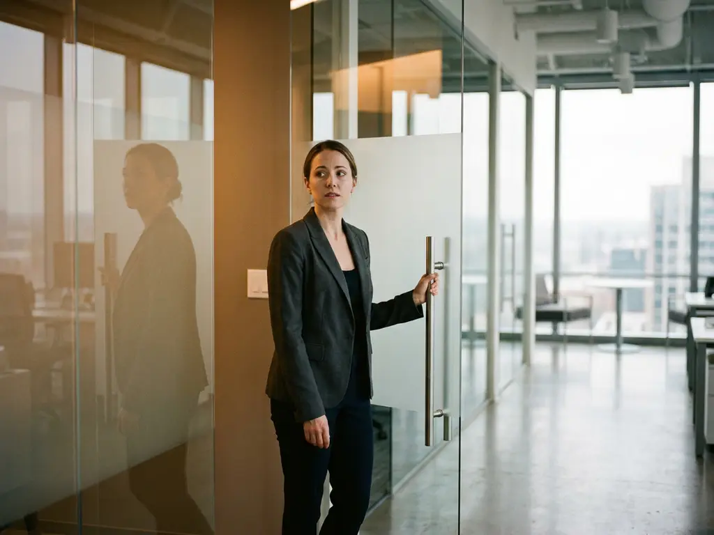Führungskraft im Blazer zögert an einer Glastür im modernen Büroflur, Blick unsicher, warmes Gegenlicht.