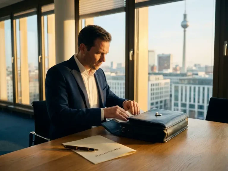 Gut gekleideter Fachmann packt Ledertasche am Eichenholzschreibtisch, daneben gefalteter Lebenslauf und Füllfederhalter, Berliner Büro im Hintergrund.