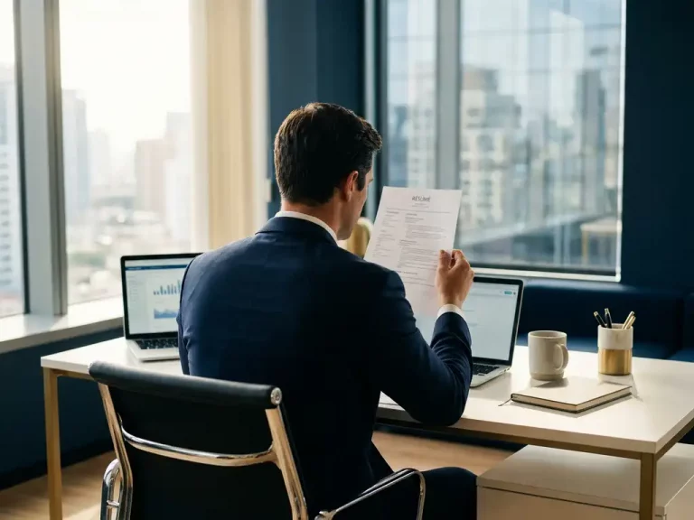 Geschäftsperson im Anzug prüft Lebenslauf am modernen Büroschreibtisch, Laptop und verschwommene Skyline im Hintergrund.