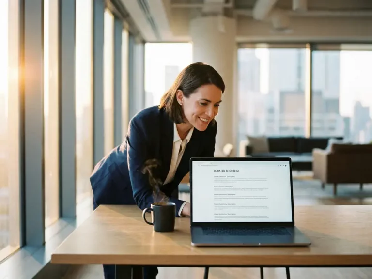 Fachkraft im Blazer prüft Stellenangebote auf Laptop am modernen Schreibtisch mit Kaffeetasse, warmes Gegenlicht.