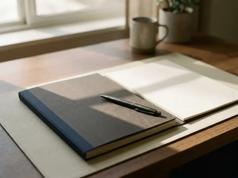 Ordentlicher Schreibtisch mit mehrseitigem Bewerbungsmappe und einseitigem Profildokument, Stift darüber, warmes Fensterlicht.