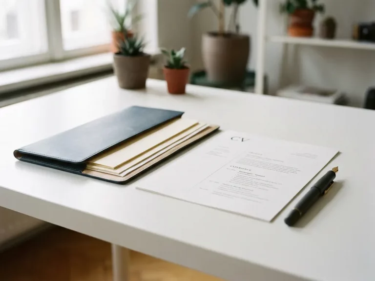 Professioneller Lebenslauf auf weißem Schreibtisch mit Füllfederhalter und Ledermappe im modernen Berliner Büro.