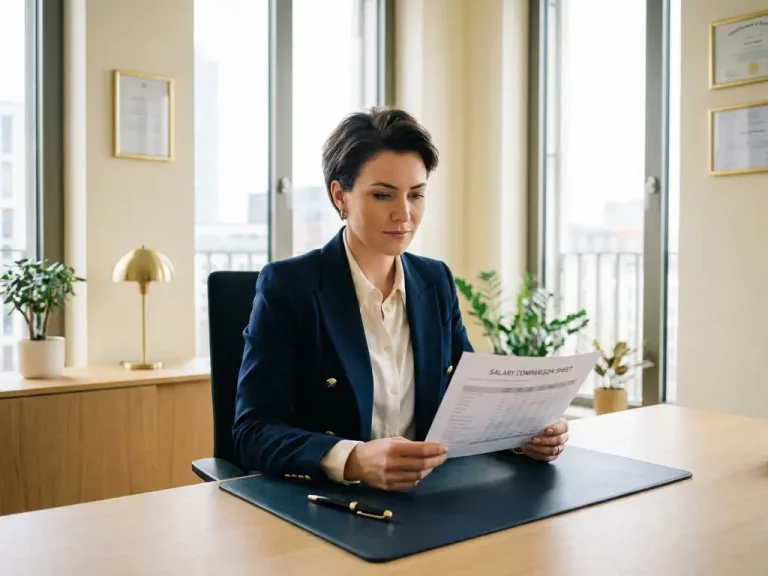 Fachkraft im Blazer prüft Gehaltsvergleich am Berliner Büroschreibtisch, weiches Tageslicht, elegante Atmosphäre.
