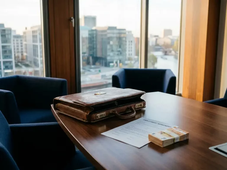 Offene Ledertasche auf Konferenztisch mit Arbeitsvertrag und Stapel Euroscheine, modernes Berliner Büro im Hintergrund.