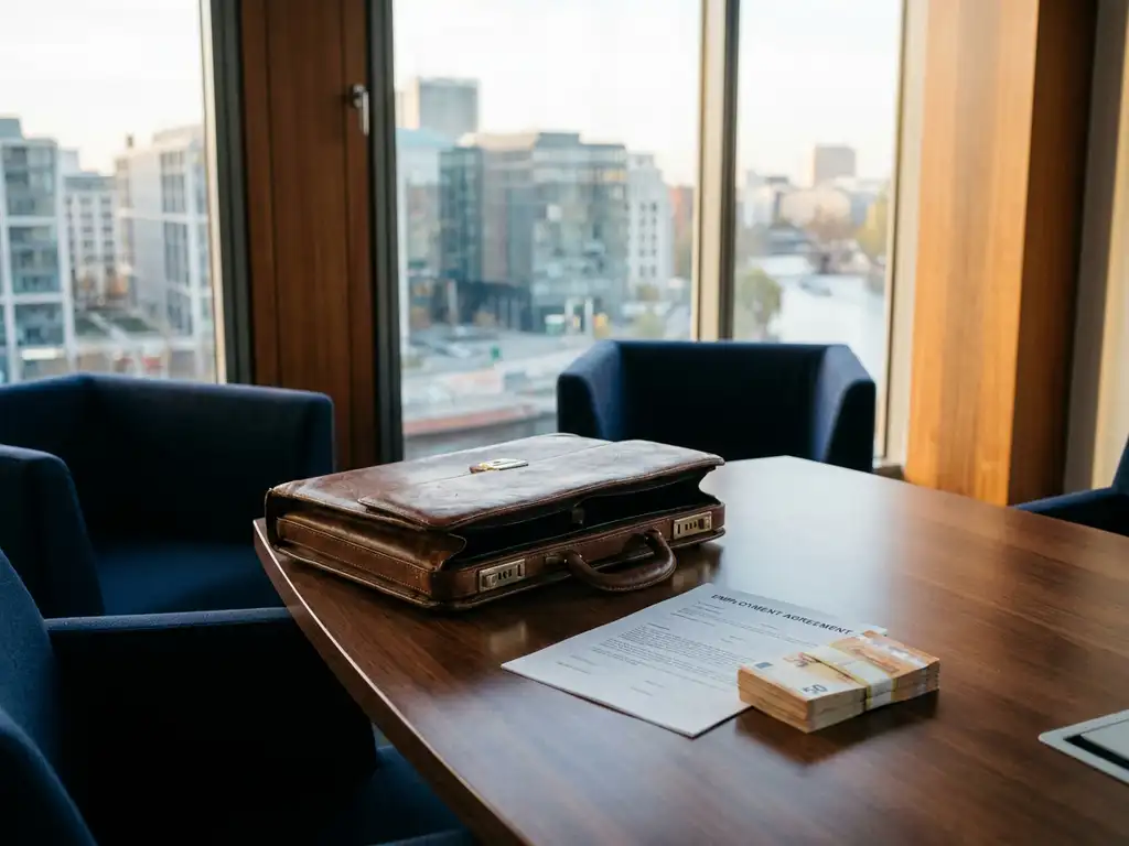 Offene Ledertasche auf Konferenztisch mit Arbeitsvertrag und Stapel Euroscheine, modernes Berliner Büro im Hintergrund.