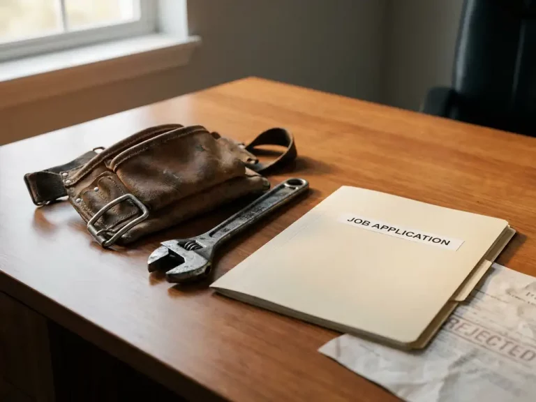 Verwitterter Lederwerkzeuggürtel und alter Schraubenschlüssel neben einer unberührten Bewerbungsmappe auf einem Schreibtisch, Ablehnungsschreiben darunter.