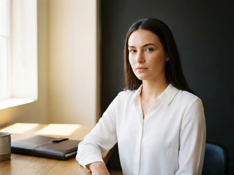 Junge Berufseinsteigerin in weißer Bluse mit Ledermappe am Schreibtisch, professionelles Studio-Porträt mit weichem Licht.