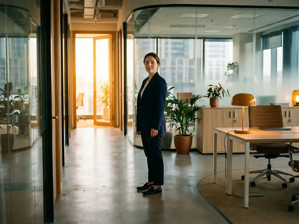 Führungskraft im Blazer steht an einer Weggabelung in modernem Büroflur, goldenes Licht fällt durch offene Tür voraus.