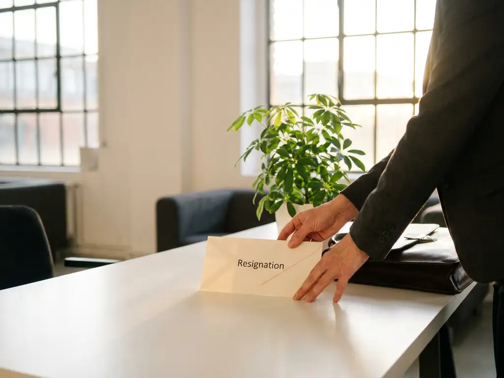 Fachkraft legt Kündigungsschreiben auf modernen Schreibtisch neben Ledertasche und grüner Pflanze in hellem Berliner Büro.