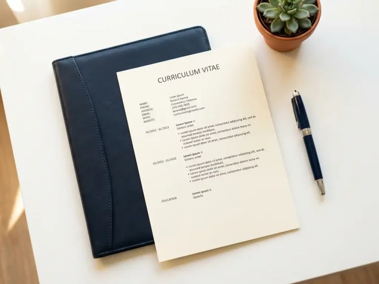 Professioneller Schreibtisch-Flatlay mit Lebenslauf, Füllfederhalter und Ledermappe auf weißer Oberfläche im Tageslicht.