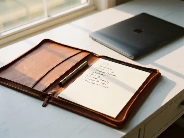 Aufgeschlagenes Leder-Portfolio mit handgeschriebener Fähigkeitenliste und Stift auf weißem Schreibtisch, Laptop im Hintergrund, warmes Nachmittagslicht.