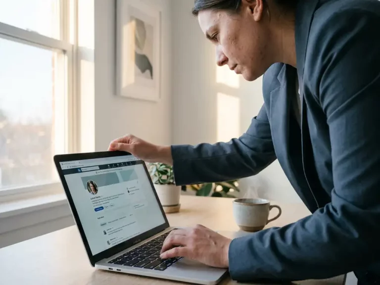 Fachkraft optimiert LinkedIn-Profil auf Laptop an minimalistischem Schreibtisch mit Kaffeetasse im Morgenlicht.