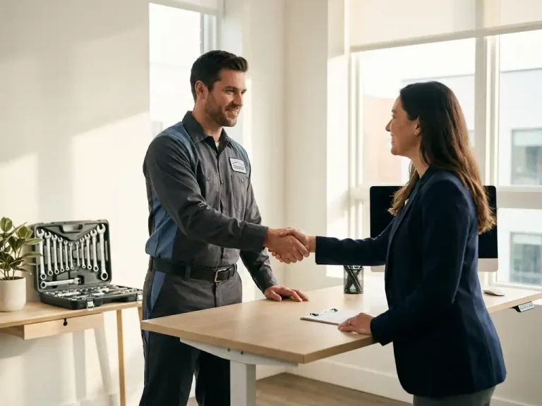 Servicetechniker in Uniform gibt Personalverantwortlichem die Hand an modernem Büroschreibtisch, Werkzeugkoffer im Hintergrund.