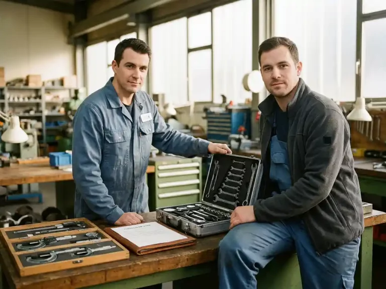 Servicetechniker in sauberer Uniform legt Werkzeugkoffer neben einem CV-Dokument auf einer Werkstattbank ab.