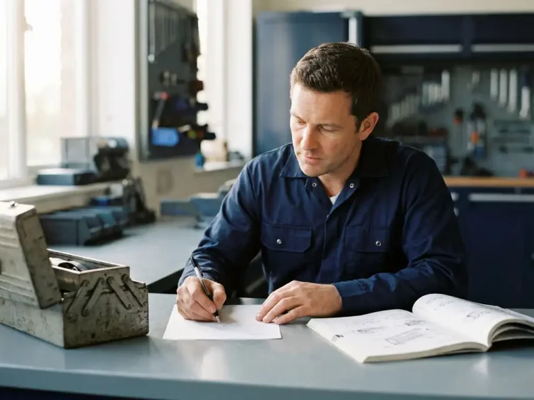 Servicetechniker in Arbeitsuniform schreibt sorgfältig ein Dokument am Schreibtisch, Werkzeugkasten und Handbuch im Hintergrund.