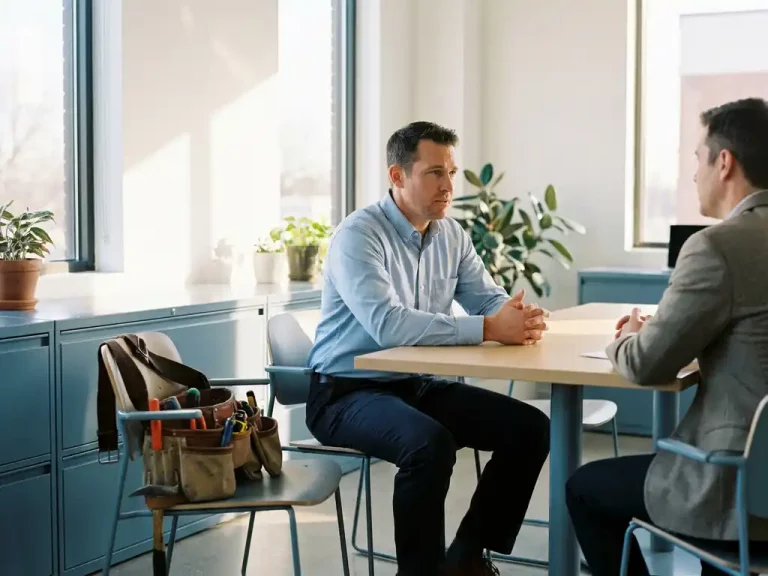 Servicetechniker im Vorstellungsgespräch sitzt einem Interviewer gegenüber, Werkzeuggürtel am Stuhl, modernes helles Büro.