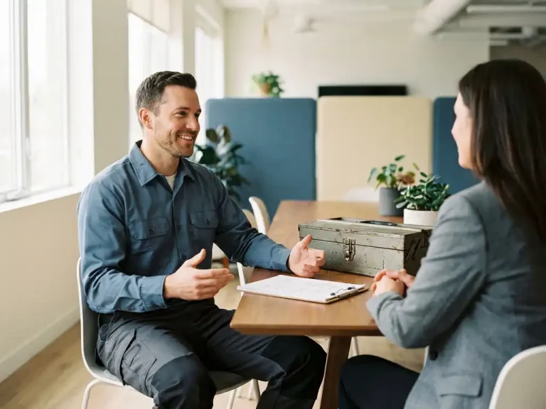 Außendiensttechniker im Gespräch mit einem Personalverantwortlichen in modernem Büro, Werkzeugkoffer und Klemmbrett auf dem Tisch.