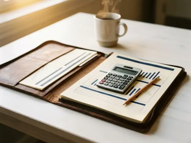 Aufgeschlagenes Leder-Portfolio mit sortierten Dokumenten, Taschenrechner und Bleistift auf weißem Schreibtisch, Kaffeetasse im Hintergrund.