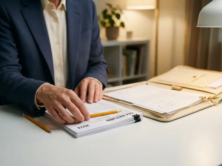 Fachmann ordnet Steuerdokumente und Bleistift auf weißem Schreibtisch, Ledermappe geöffnet, warmes Bürolicht.