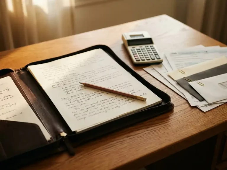 Aufgeschlagenes Leder-Portfolio auf Eichenholzschreibtisch mit handgeschriebenen Notizen, Bleistift, Taschenrechner und Steuerdokumenten im warmen Licht.