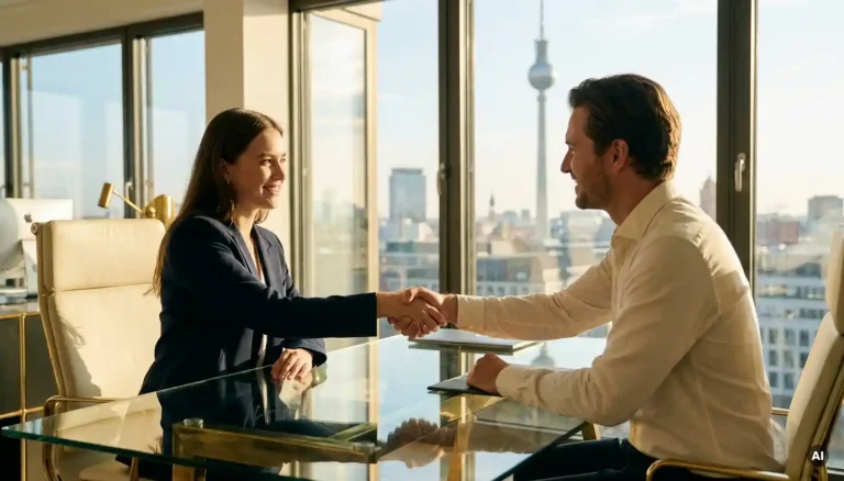 Junge Fachkraft im Blazer gibt Kollegen am Glasschreibtisch die Hand, modernes Berliner Büro mit Skyline im Hintergrund.