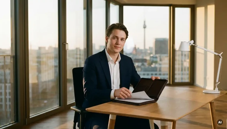 Junger Profi im Blazer prüft Ledermappe an Berliner Büroschreibtisch, Skyline und goldenes Abendlicht im Hintergrund.