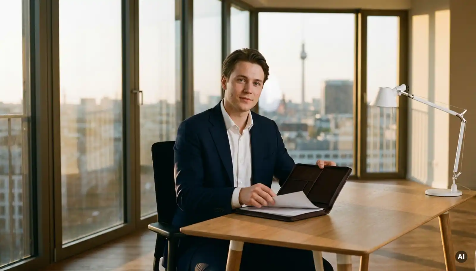 Junger Profi im Blazer prüft Ledermappe an Berliner Büroschreibtisch, Skyline und goldenes Abendlicht im Hintergrund.