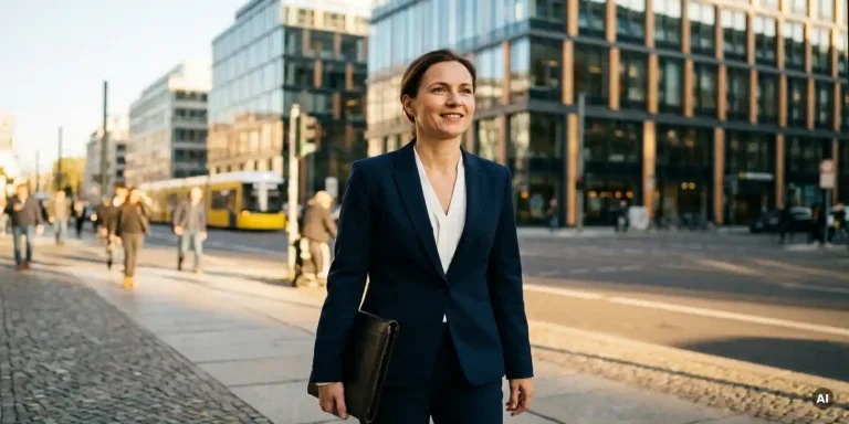 Junge Berufsfrau im Blazer mit Ledermappe läuft selbstbewusst durch eine sonnige Berliner Straße mit Glasgebäuden im Hintergrund.