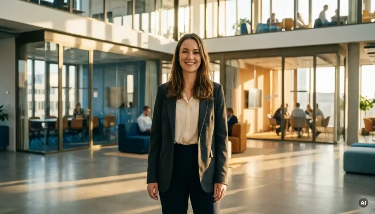 Junge Berufstätige in smart-casualer Kleidung steht an einem modernen Büro-Kreuzweg mit Glaswänden und warmem Tageslicht.