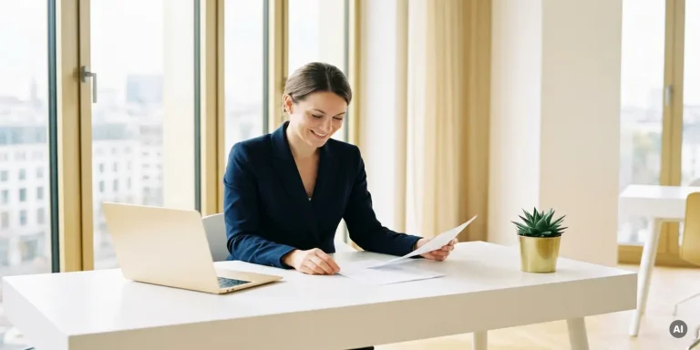 Junge Berufsfrau im Blazer prüft Dokumente an weißem Schreibtisch mit Laptop und Sukkulente, modernes Berliner Büro.