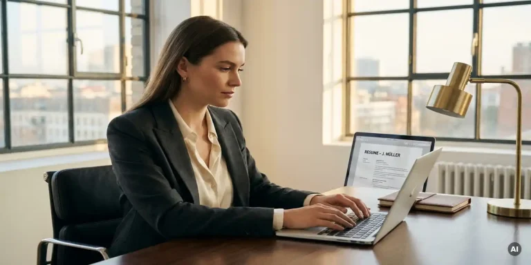 Junge Frau arbeitet konzentriert an ihrem Lebenslauf auf einem Laptop in einem modernen Berliner Büro mit großen Fenstern.
