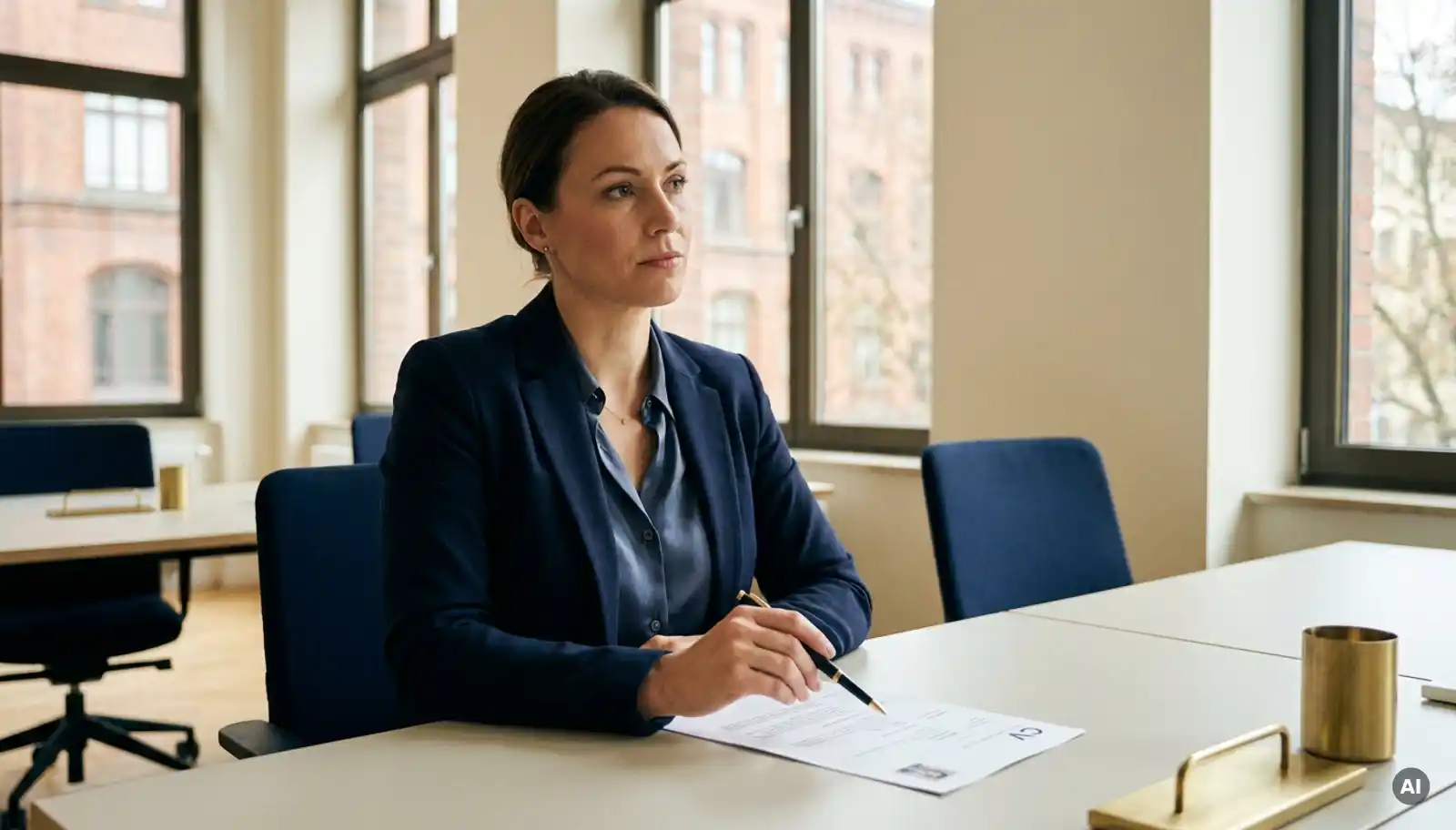 Junge Berufsfrau prüft ihren Lebenslauf am modernen Schreibtisch in einem Berliner Büro mit natürlichem Licht.