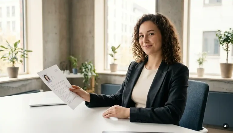 Junge Frau im Blazer hält ihren Lebenslauf mit Bewerbungsfoto an einem weißen Schreibtisch in einem modernen Berliner Büro.
