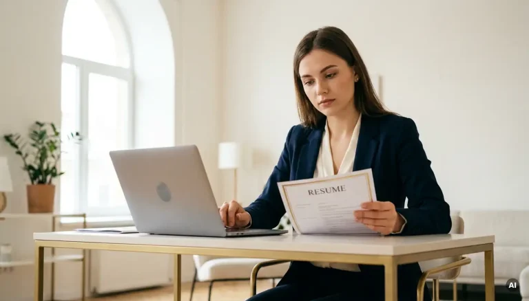 Junge Frau prüft sorgfältig ihren Lebenslauf am modernen Schreibtisch in einem Berliner Büro mit natürlichem Tageslicht.