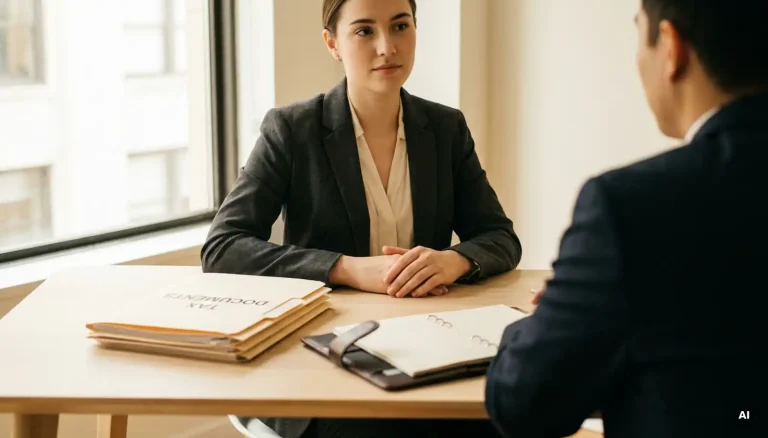 Selbstbewusste Frau im Blazer beim Vorstellungsgespräch, Steuerdokumente und Notizbuch auf minimalistischem Schreibtisch, natürliches Bürolicht.
