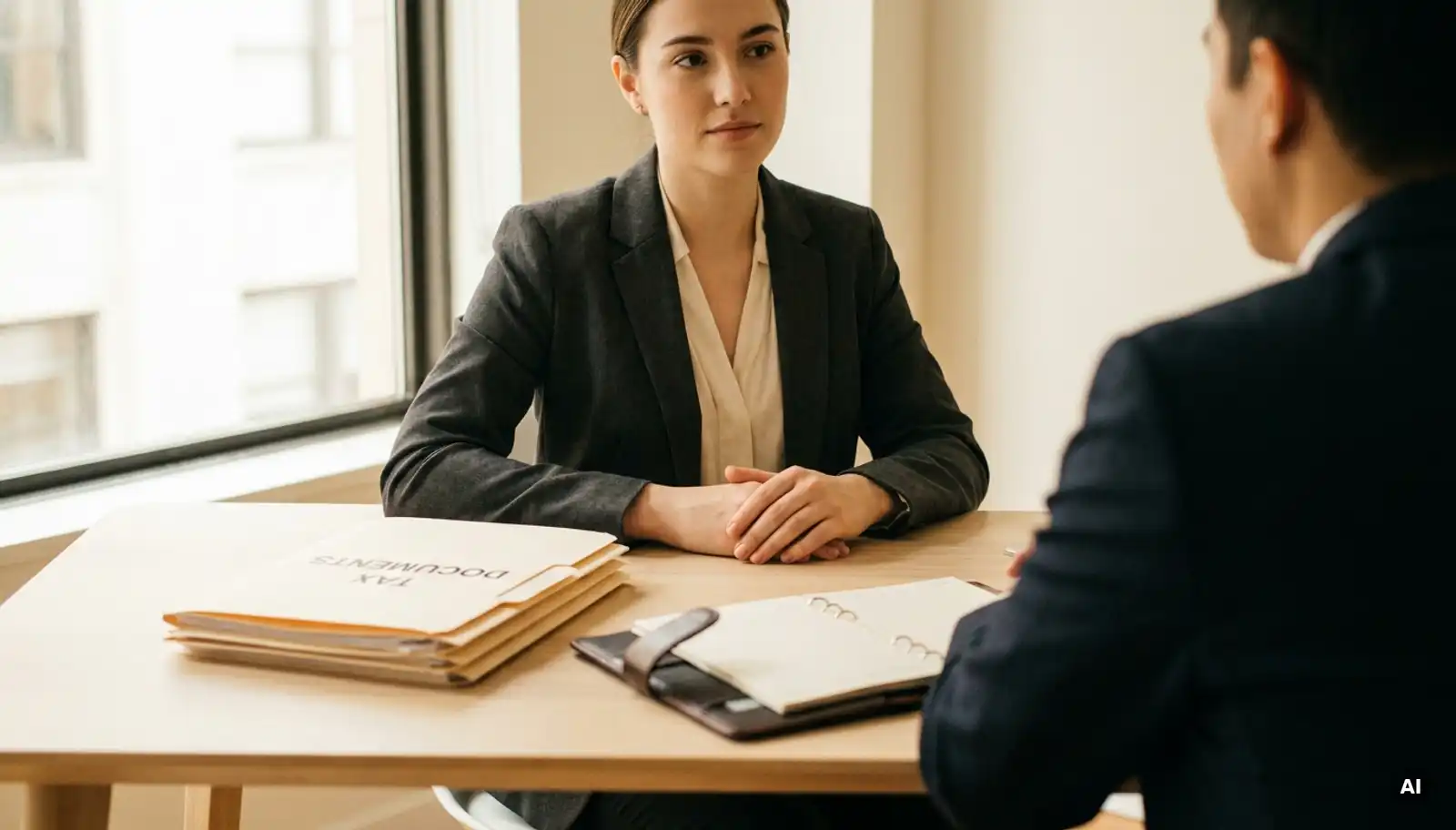 Selbstbewusste Frau im Blazer beim Vorstellungsgespräch, Steuerdokumente und Notizbuch auf minimalistischem Schreibtisch, natürliches Bürolicht.