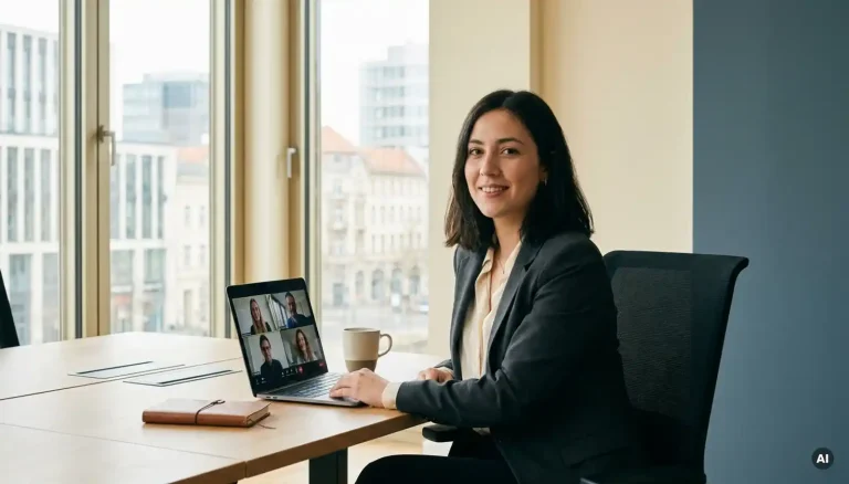 Junge Berufsfrau im Blazer beim Videointerview am minimalistischen Schreibtisch, Berliner Büro mit Panoramafenstern im Hintergrund.