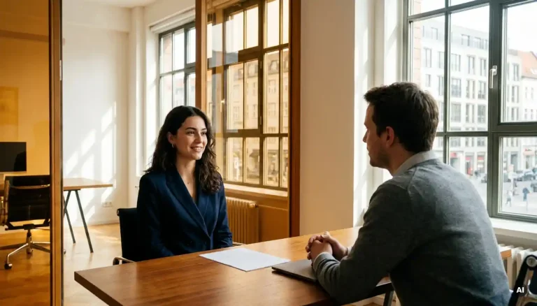 Junge Bewerberin im Blazer sitzt aufrecht einem Interviewer gegenüber an modernem Schreibtisch in hellem Berliner Büro mit Panoramafenstern.