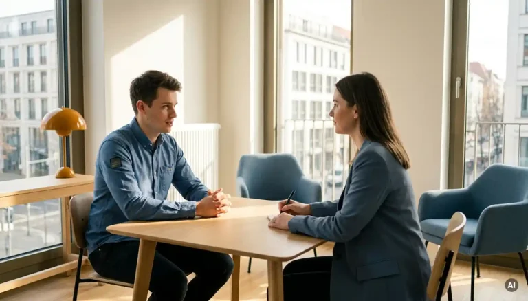 Junger Servicetechniker im Vorstellungsgespräch mit Interviewer in modernem Berliner Büro, Hände leicht angespannt auf dem Tisch.