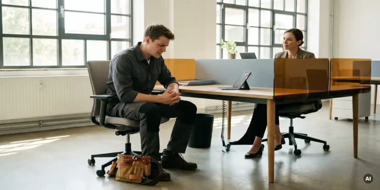 Junger Servicetechniker mit Werkzeuggürtel im Vorstellungsgespräch an modernem Schreibtisch in Berliner Büro, natürliches Seitenlicht.