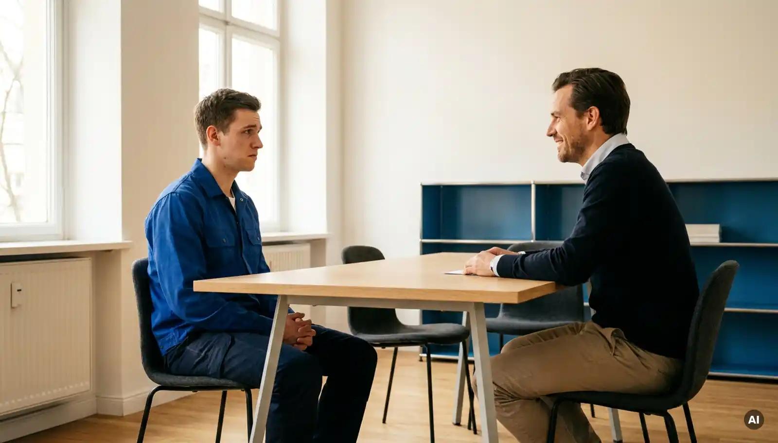 Junger Servicetechniker im Vorstellungsgespräch mit Recruiter in modernem Berliner Büro, angespannte Körperhaltung, natürliches Seitenlicht.
