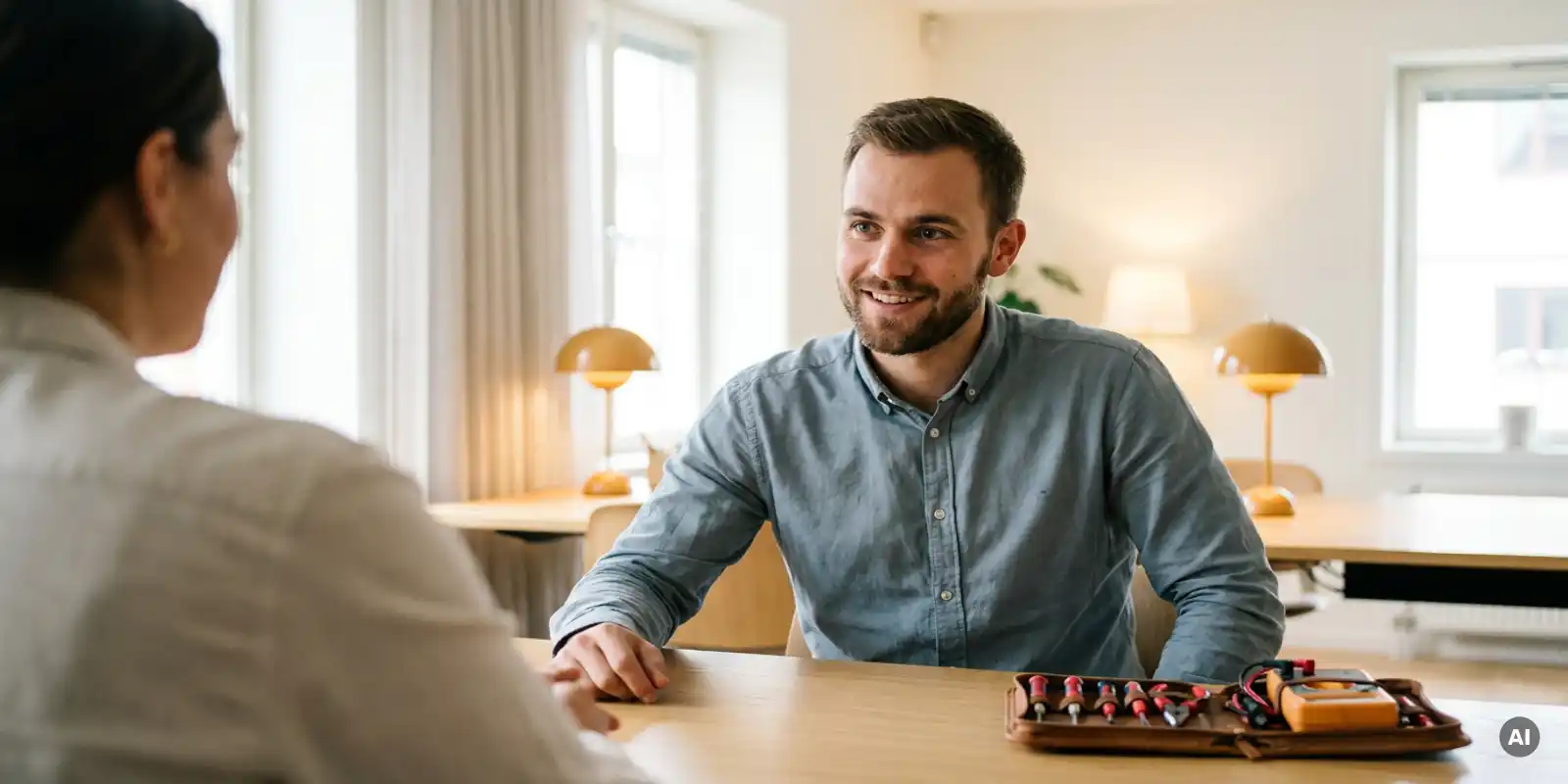 Junger Fachmann im Vorstellungsgespräch in modernem Büro, technisches Werkzeug auf dem Schreibtisch, natürliches Fensterlicht.