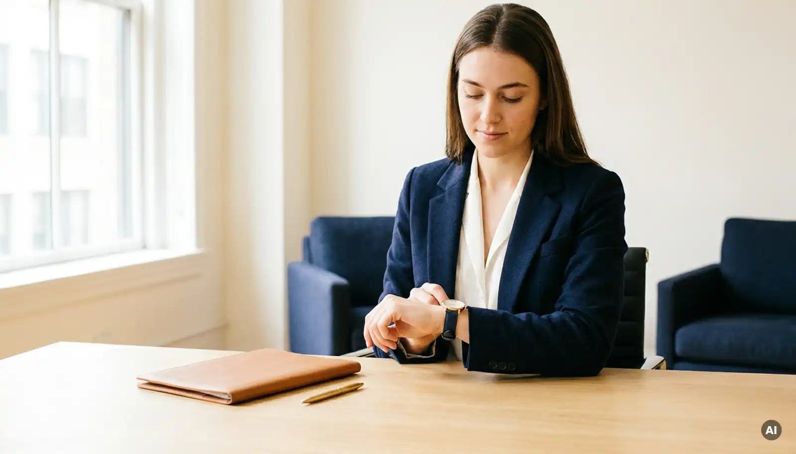 Junge Geschäftsfrau im Blazer blickt auf ihre Armbanduhr am modernen Schreibtisch mit Ledermappe in hellem Büro.