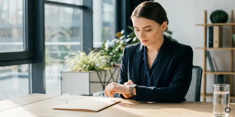 Junge Geschäftsfrau im Blazer blickt auf ihre minimalistische Armbanduhr, sitzt an modernem Schreibtisch mit natürlichem Seitenlicht.